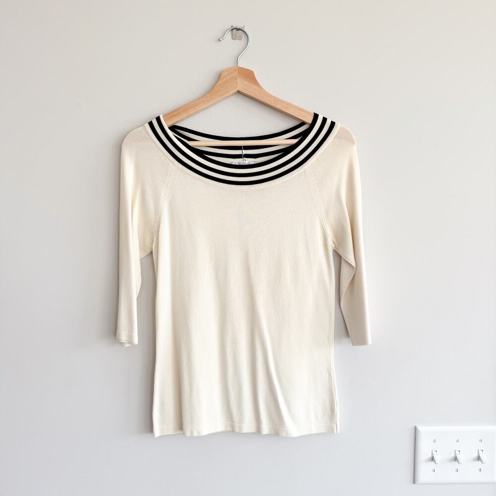 Max Mara Silk Striped Trim Round Neck 3/4 Sleeve Pullover Sweater S